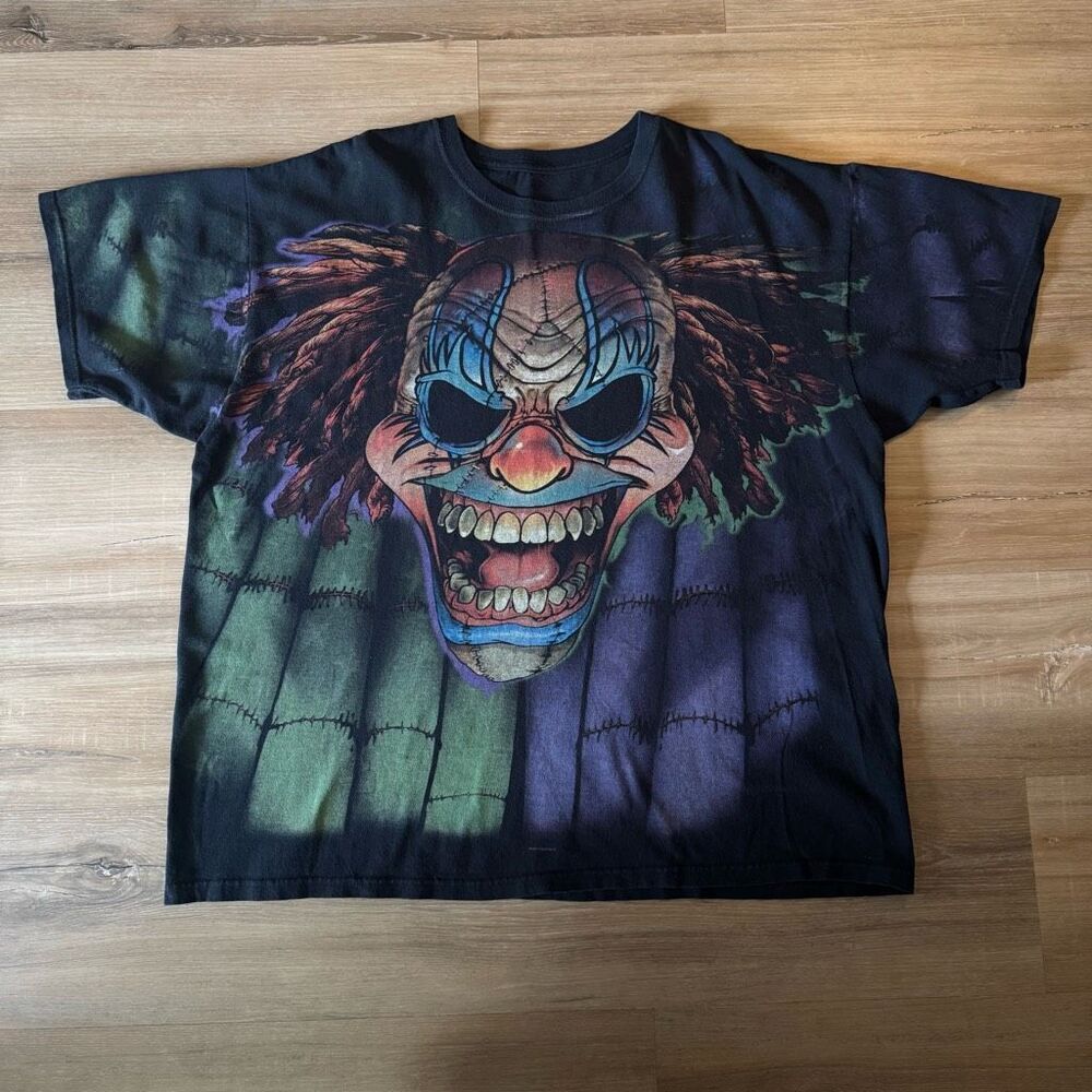 Vintage Liquid Blue Killer Clown All Over Print Black Shirt Size XL Y2K Skeleton